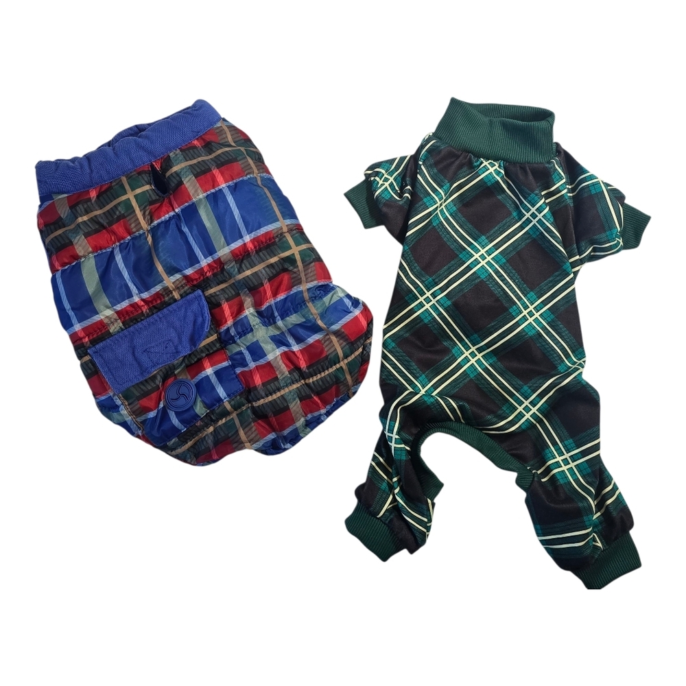 Dog Xpudac Green Plaid Pajamas And Blue Plaid Puffy Vest Size XS